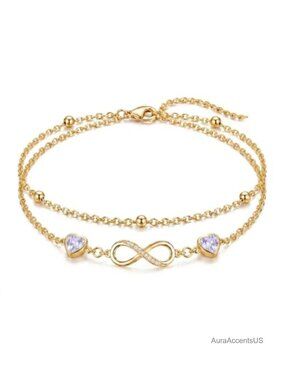 Infinity Birthstone Bracelet Anklet Adjustable 18K Yellow Gold Double Layer